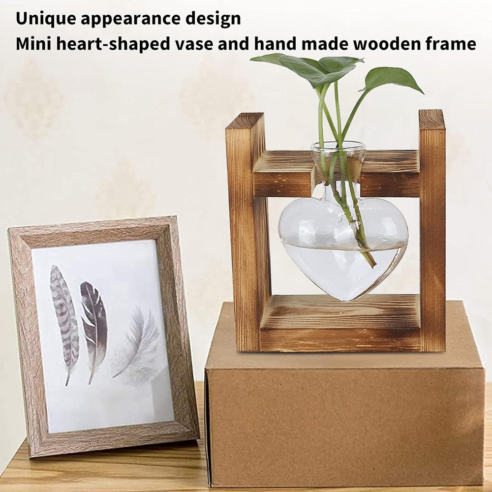 Terrario de plantas con soporte de madera, jarrón de mesa en forma de corazón, plantas hidropónicas de vidrio transparente para decoración del jardín del hogar, decoración de flores hidropónicas para oficina, sala de estar, cocina (A)