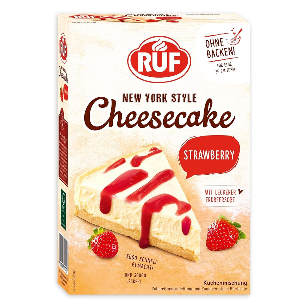 RUF New York Cheesecake Strawberry No Bake, Cheesecake american original cu sos de căpșuni, 360 grame Bucatarie Naty Shop 360 grame Strawberry Cheesecake