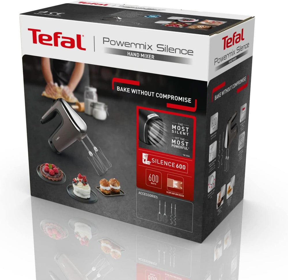Batidora de mano Tefal HT650E Power Mix Silence | 600 vatios | Controlador de velocidad variable | Función Turbo y Auswurf | Motor de Ocio Extremo | incluido 2 Rührbesen y 2 Knethaken | Trigo Cocina Naty Tienda