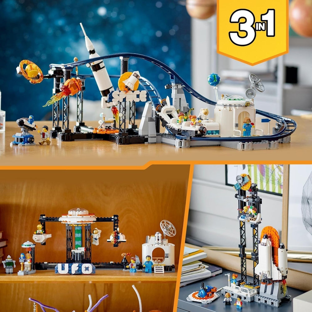 LEGO 31142 Creator Kit de juguetes de montaña rusa espacial 3 en 1 para niños con carros funcionales, se convierte en una torre de caída libre o carrusel con cohetes y ladrillos brillantes Juegos de construcción Besuche den LEGO-Store