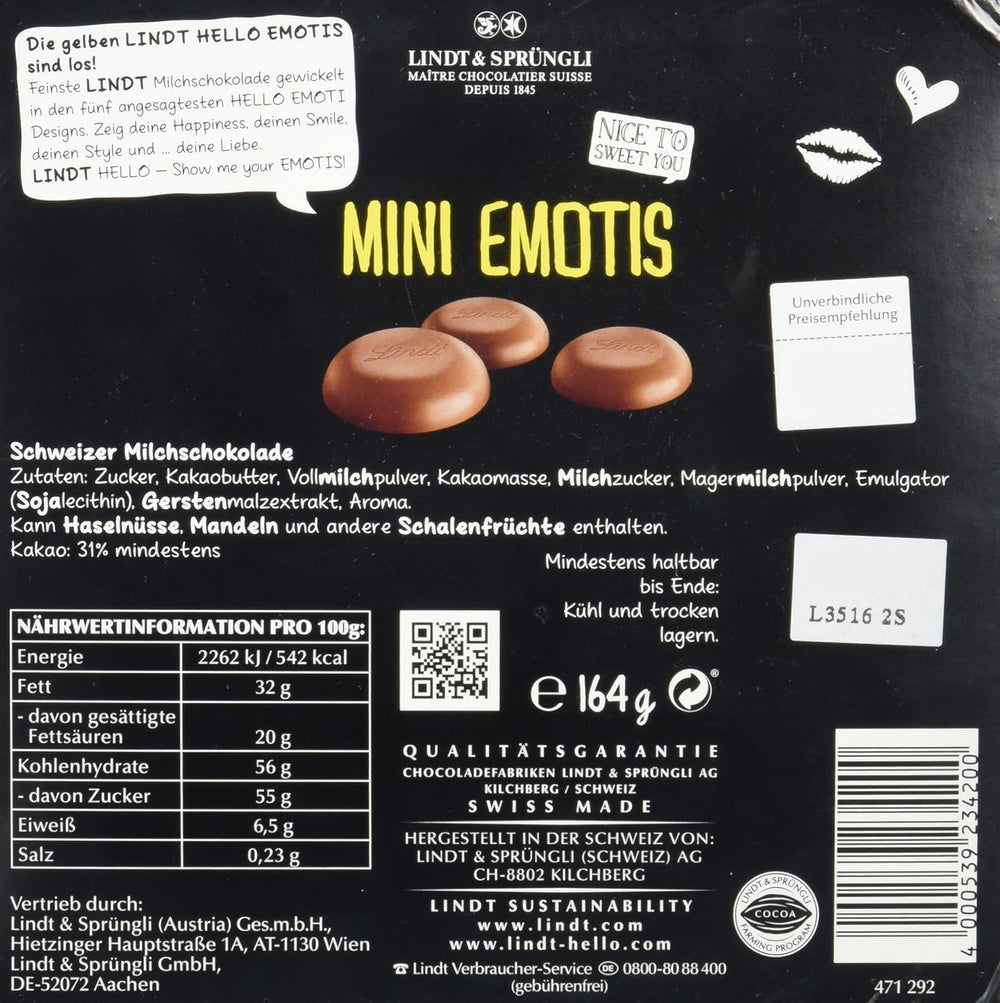 Surtido de chocolate (37 bolas LINDOR, 24 palitos Hello Mini, 10 Mini Fioretto), regalo de chocolate (1 x 815 g) y HELLO Mini Emoti, chocolate con leche en 5 diseños de emoticones, 164 g