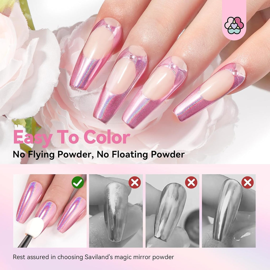 Set pudră unghii Saviland Chrome – Pudră unghii Chrome Laser roz efect oglindă Nail Art cu laser, sclipici pentru unghii manichiură pudră decorativă cu bețișoare de burete, pudră sclipici pentru unghii salon de unghii