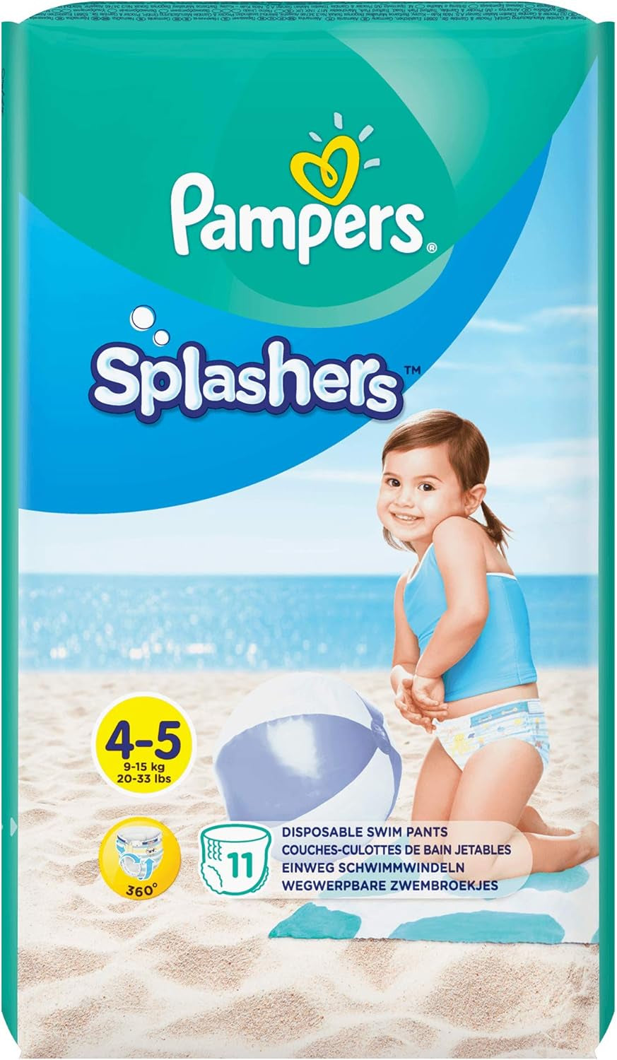 Pampers (versión antigua), pantalones cortos de baño desechables Splashers - Talla 5/6 (más de 14 kg) - Caja de 8 paquetes de 10