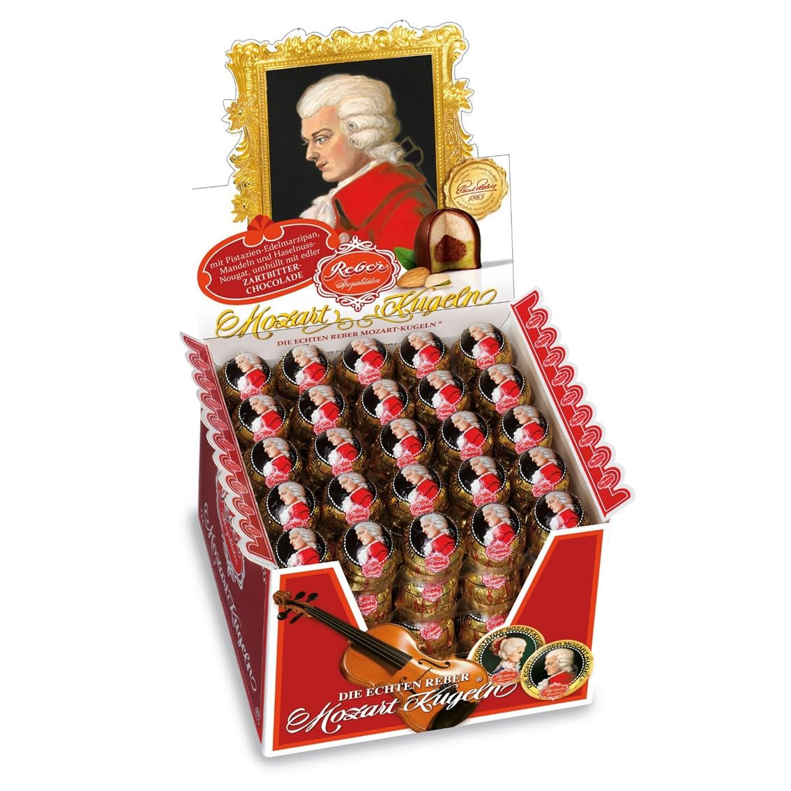 Reber Bolitas Mozart, caja de presentación 4x45, bolitas de chocolate negro rellenas de turrón de pistacho, mazapán, almendras y avellanas, 3,6 kg (180 piezas)