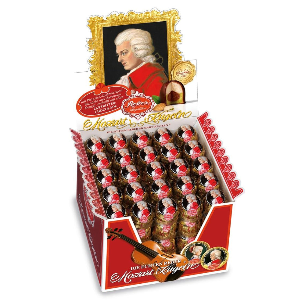 Reber Bolitas Mozart, caja de presentación 4x45, bolitas de chocolate negro rellenas de turrón de pistacho, mazapán, almendras y avellanas, 3,6 kg (180 piezas)