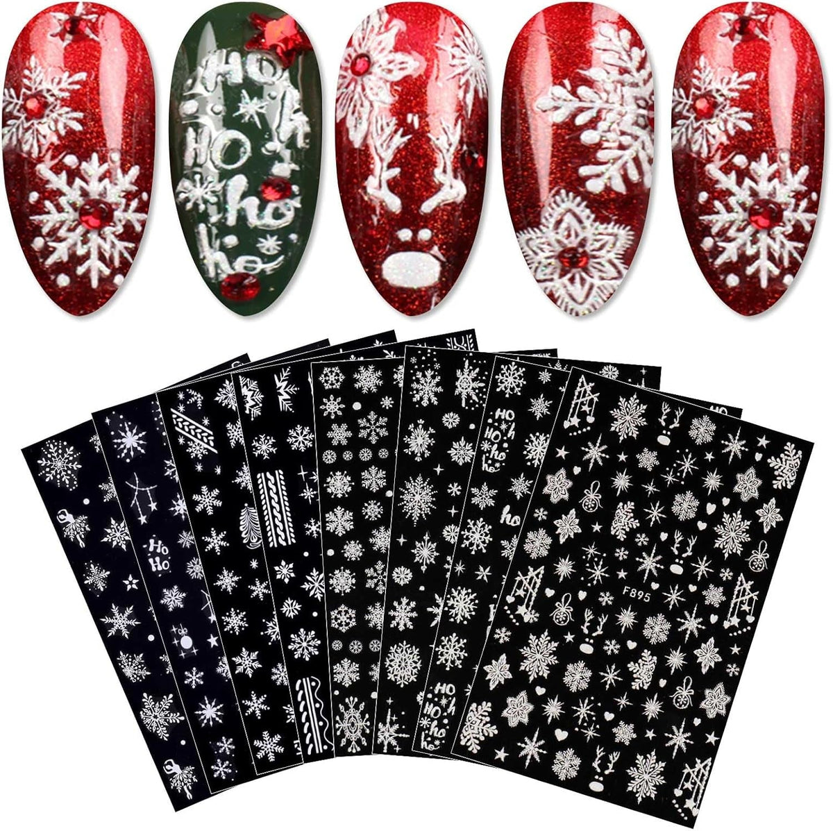 JMEOWIO Nagelsticker Weihnachten Weiß Glitter 8 Blatt Nail Art Sticker Selbstklebend Nagelaufkleber Schneeflocke Winter Holiday Dekoration Nageldesign Zubehör