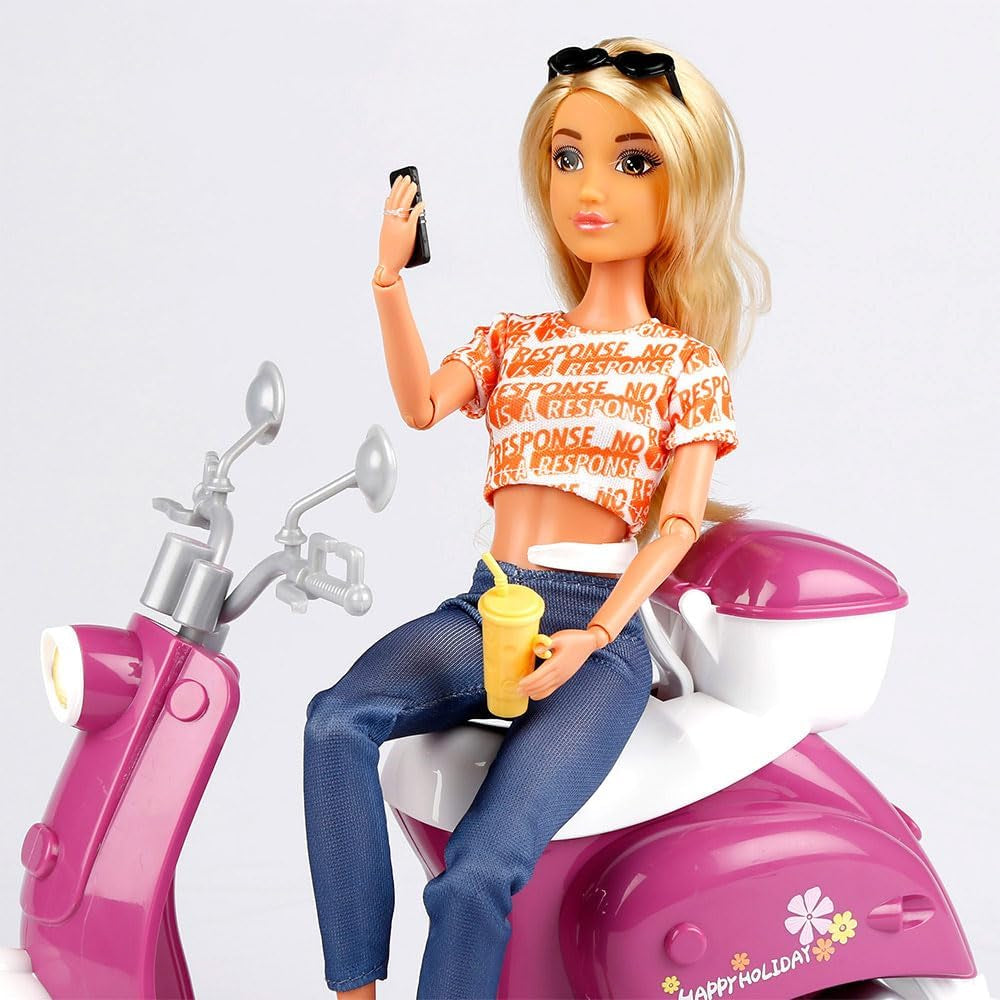 Isabella Gelenkpuppe mit Roller, 30 cm, Motorrad-Spielzeug, incluidos accesorios, Sonnenbrille, Handy, Selfie-Halterung, Helm, Refreshment, Puppen für Mädchen, Geschenke ab 3 Jahren (47812)