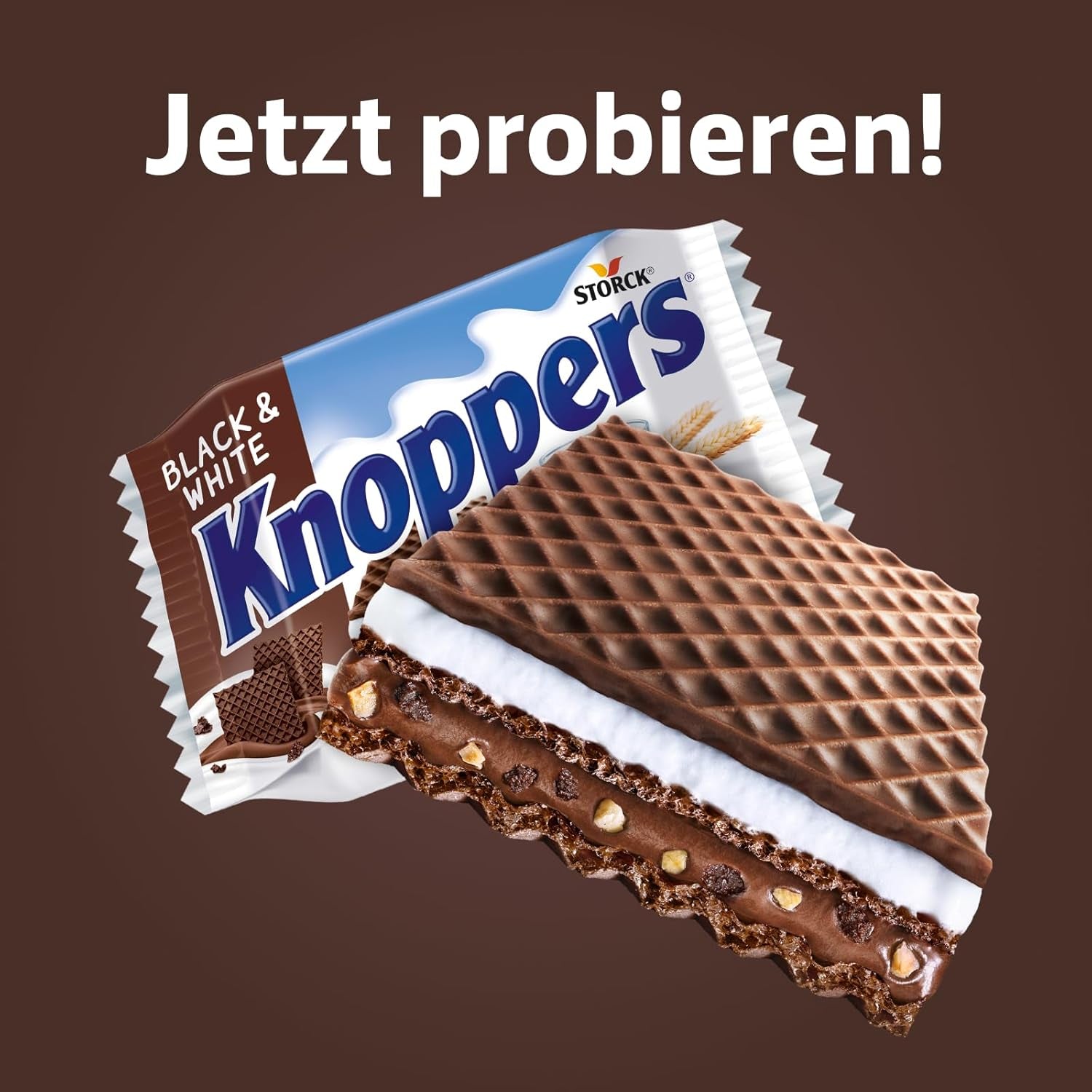 Knoppers blancos y negros – 8 x 25 g – Lonchas de barquillo rellenas de barquillos de cacao oscuro, trozos de galleta negra, leche y crema de turrón