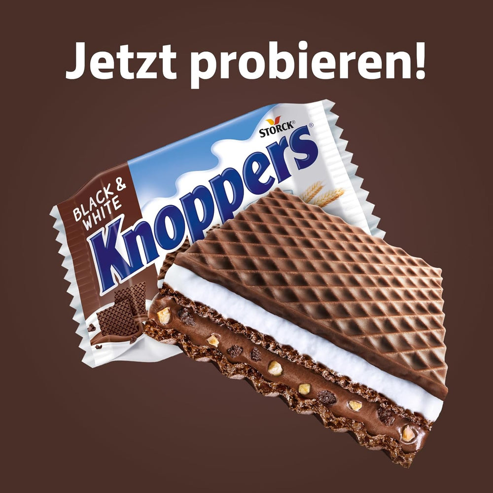 Knoppers blancos y negros – 8 x 25 g – Lonchas de barquillo rellenas de barquillos de cacao oscuro, trozos de galleta negra, leche y crema de turrón