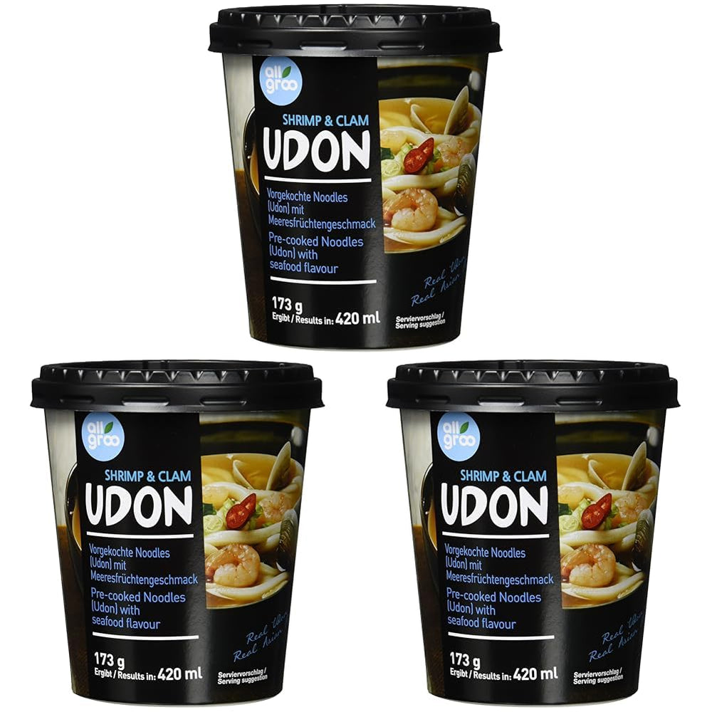 Allgroo Udon Cup Fideos instantáneos - Sopa Udon de mariscos picante y sabrosa - Preparación rápida (1 x 173 g)