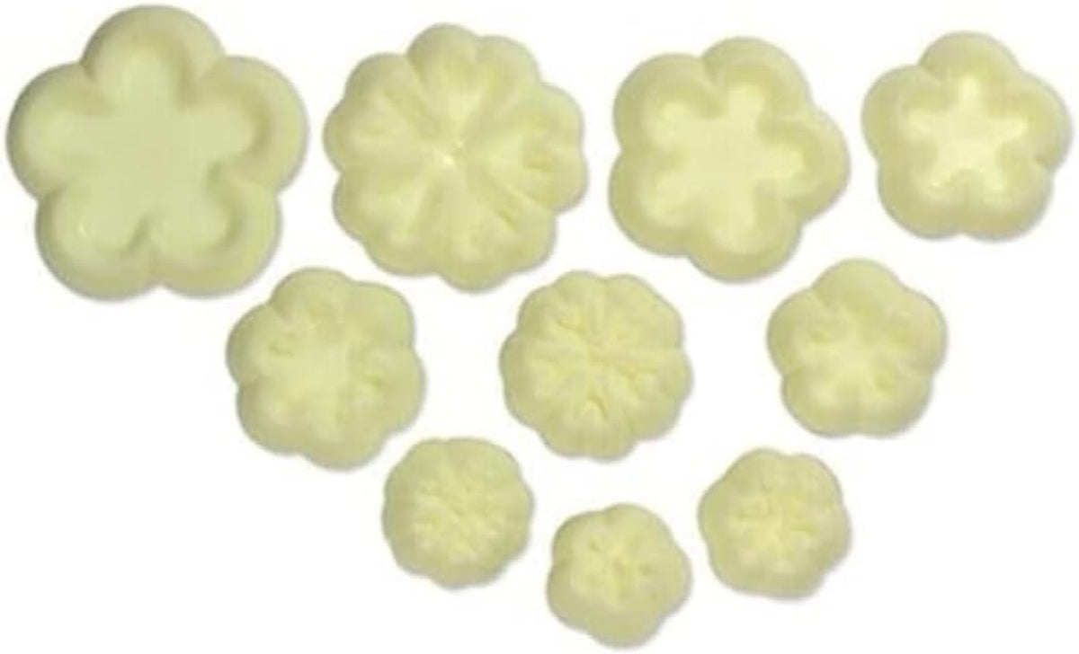 103FF006 Forme de biscuiți Jem pentru margarete/flori mici și primule, asortate, plastic, fildeș, 9 x 1 x 16 cm, 10 bucăți