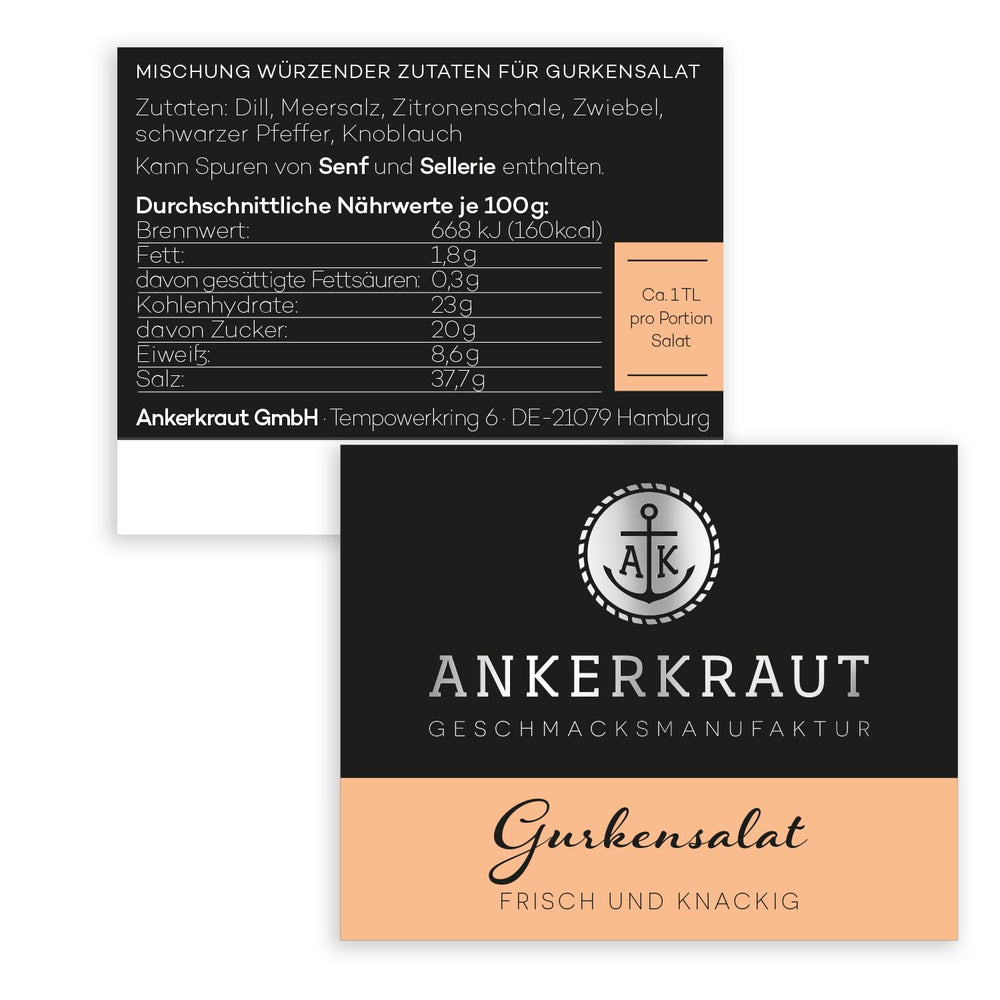 Ankerkraut Gurkensalat, 60 g en vaso de corcho, Würze Gherken-Salat Ganz Einfach, Zuckerfrei und Ohne Gesmackverstärker, Mischung würzender Ingredient für Salat