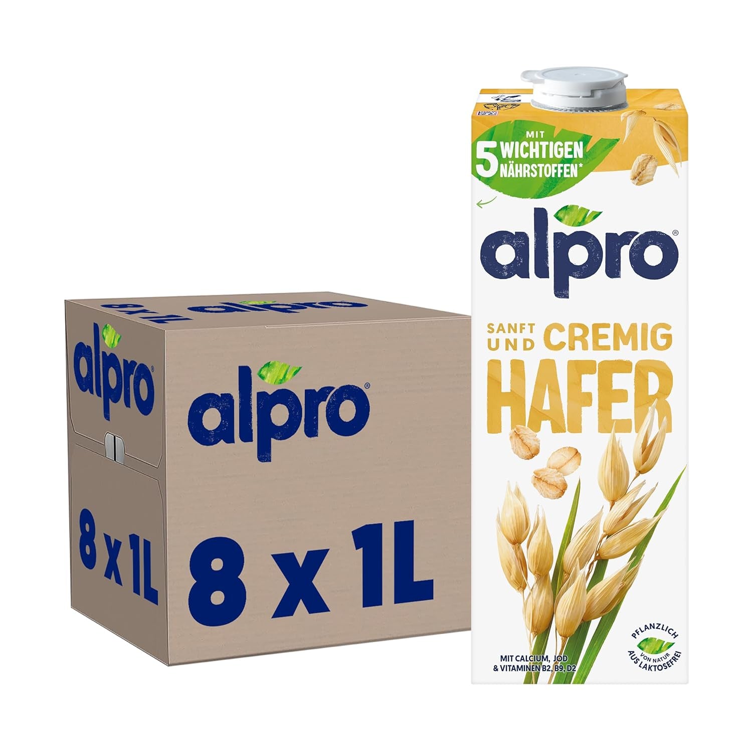Alpro Haferdrink ohne Zucker – Milchalternative auf Haferbasis – Vegano y sin lactosa – Rico en sustancias balasto, calcio y vitaminas – 8 x 1 L