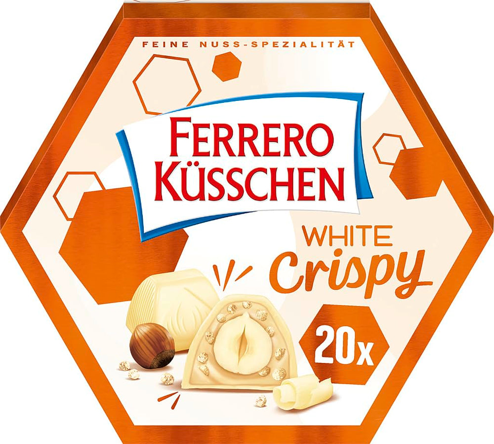 Ferrero Küsschen White Crispy - Regalo de San Valentín para él y para ella - Avellanas tostadas crujientes en crema ligera con chips crujientes, cubiertas de chocolate blanco, 1 paquete de 20 bombones individuales