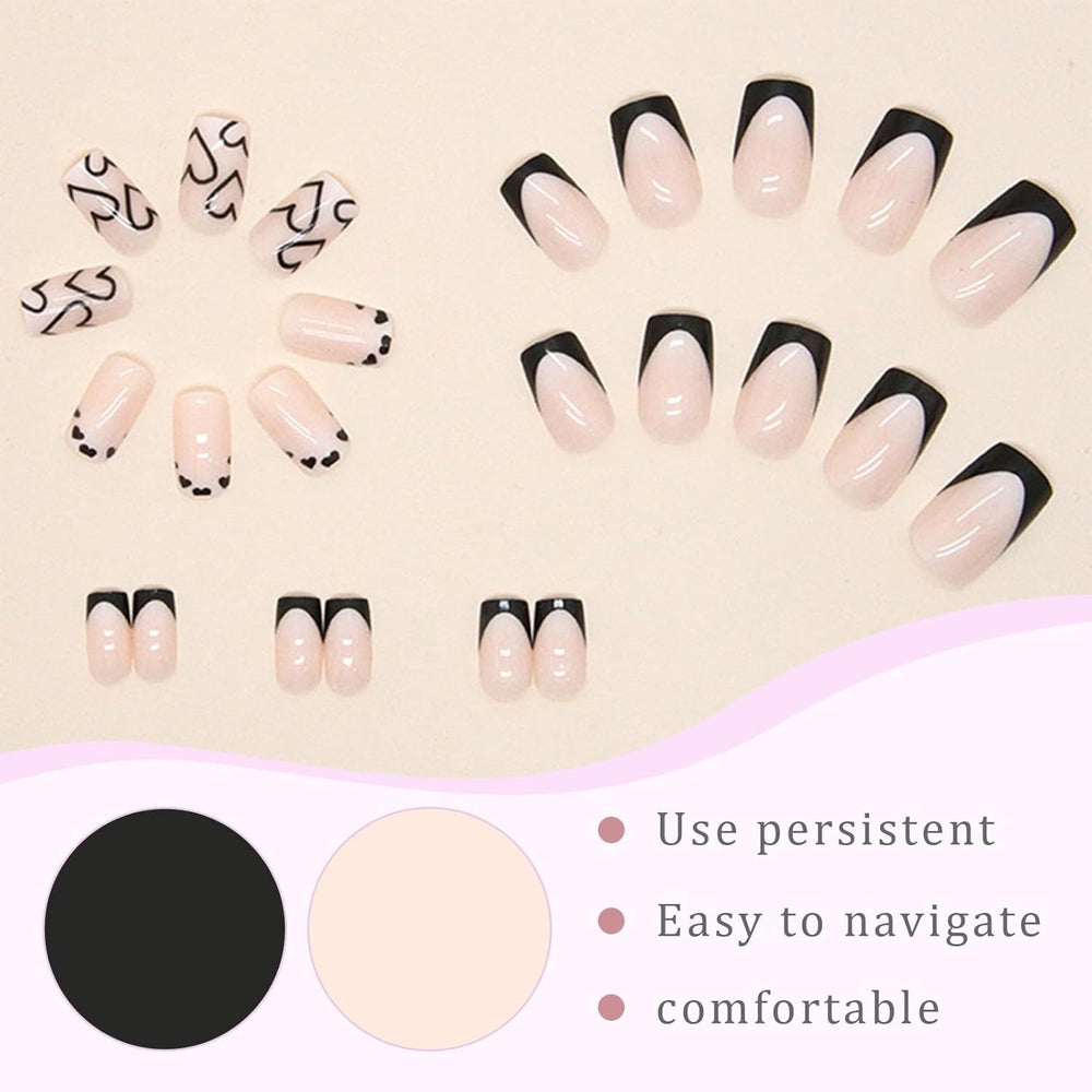 24 bucăți unghii artificiale cu vârf francez, scurte și pătrate, unghii acrilice negre cu design în formă de inimă albă, pentru acoperire completă