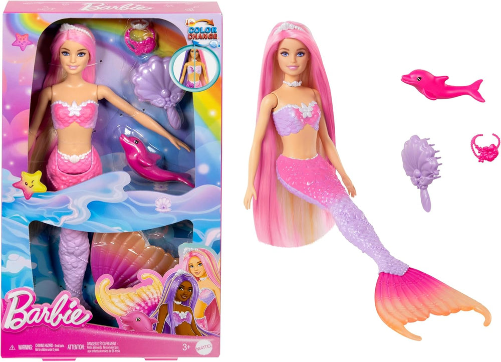 Păpușa Sirenă BARBIE - Inspirată din serialul TV „Barbie: O magie ascunsă”, cu efect de schimbare a culorii și accesorii, păr roz lung de 19 cm pentru coafat, pentru copii cu vârsta de 3 ani și peste, HRP97