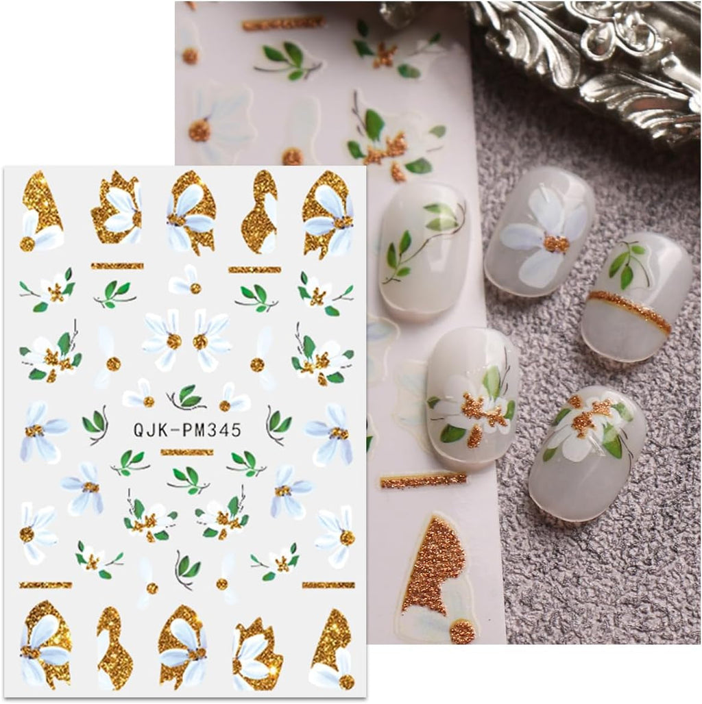 JMEOWIO Nagelsticker Blumen Glitzer 9 Blatt Nail Art Sticker Selbstklebend Nagelaufkleber Frühling Sommer Blumen Dekoration Nageldesign Zubehör