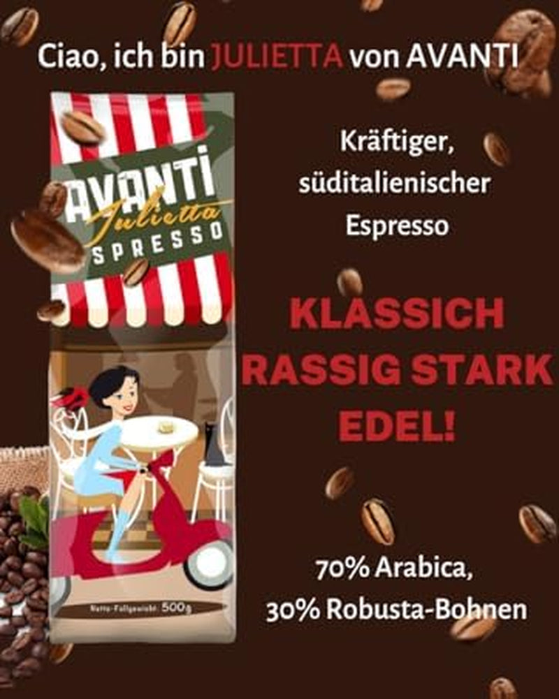 Boabe de cafea AVANTI Julietta Espresso, 500g, 70% Arabica 30% Robusta, prăjire tradițională în tambur