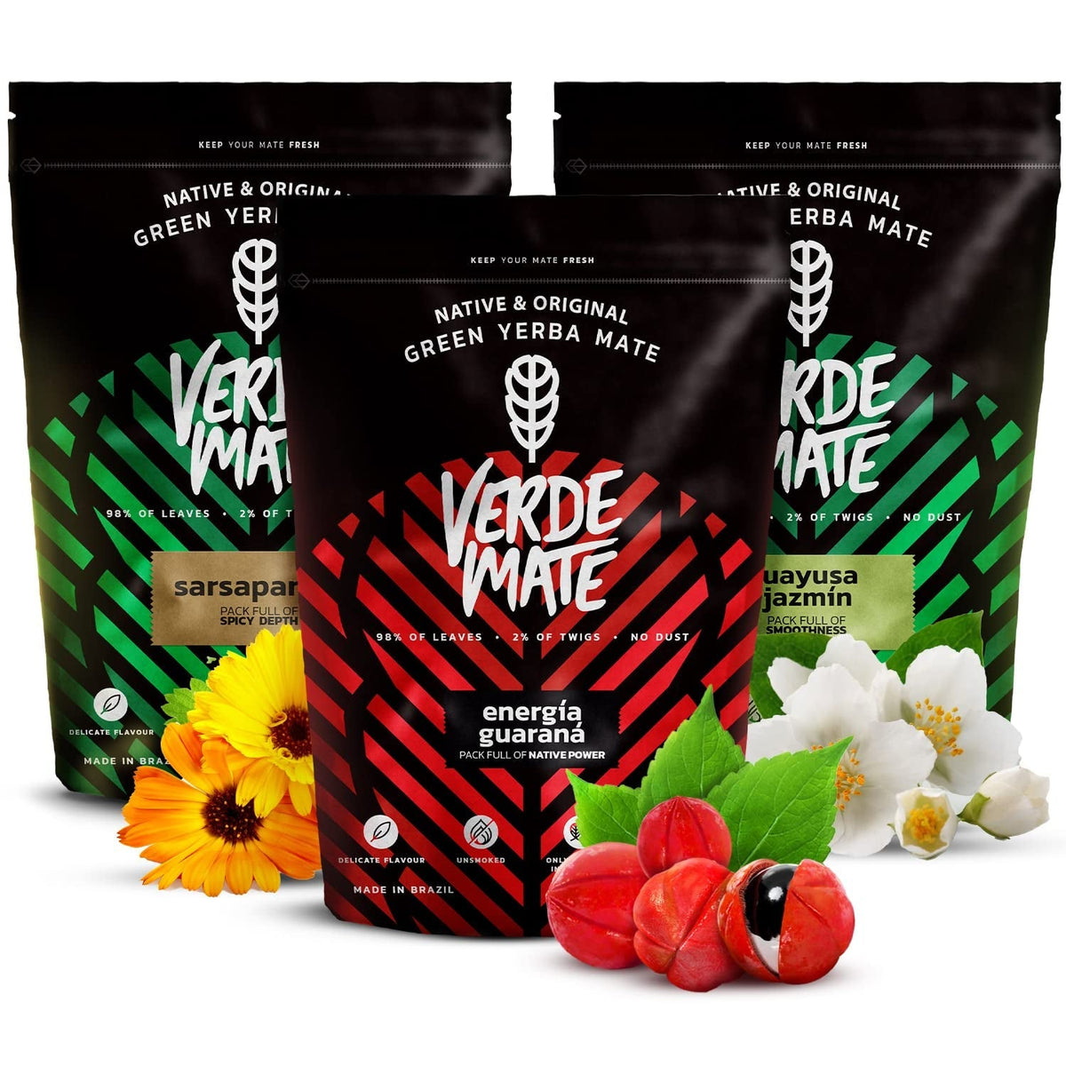 Set de ceai Yerba Mate cu plante | Yerba Mate cu plante | Verde Mate Green Energia Guarana, Guayusa Jazmin, Sarsaparilla | Yerba Mate verde brazilian | 3X500G