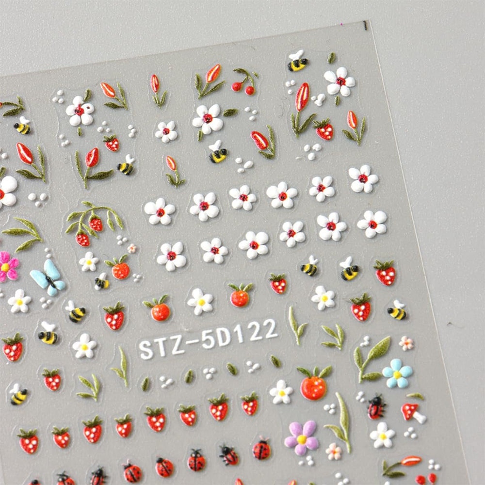 JMEOWIO 3D Nagelsticker Blumen Frucht Nail Art Sticker Selbstklebend Nagelaufkleber 5D Stereoskopisch Dekoration Nageldesign Zubehör 4 Blatt