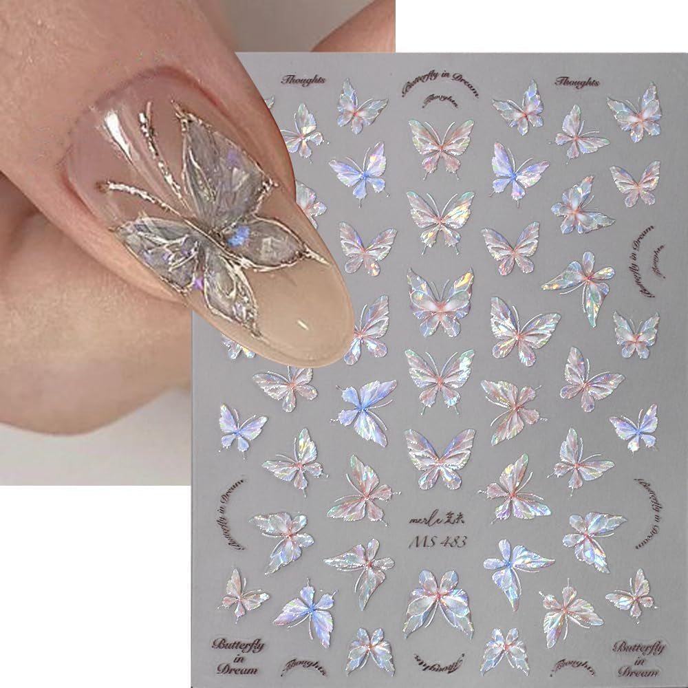 Glänzend Aurora Shell Schmetterling Nagelsticker Selbstklebend,Erleichterung Schmetterlinge Nail Sticker Rosa Laser Schmetterling Nagelaufkleber Für Frauen Nageldesign Zubehör Nagel Zubehör Nail Art