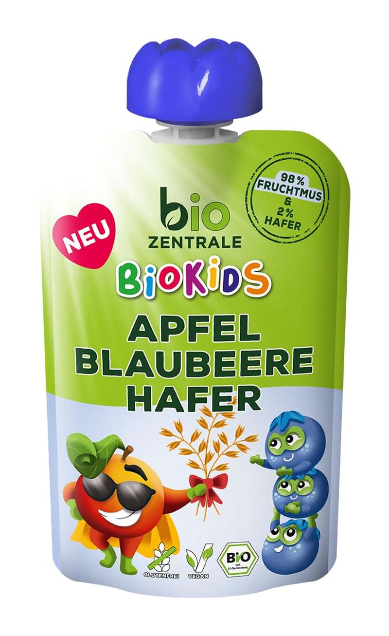 Biozentrale Biokids Puré de frutas manzanas arándanos avena | 12X90G | Snack Vegano De Avena Y Frutas | Sin azúcar granulado añadido Madre e Hijo Naty Shop