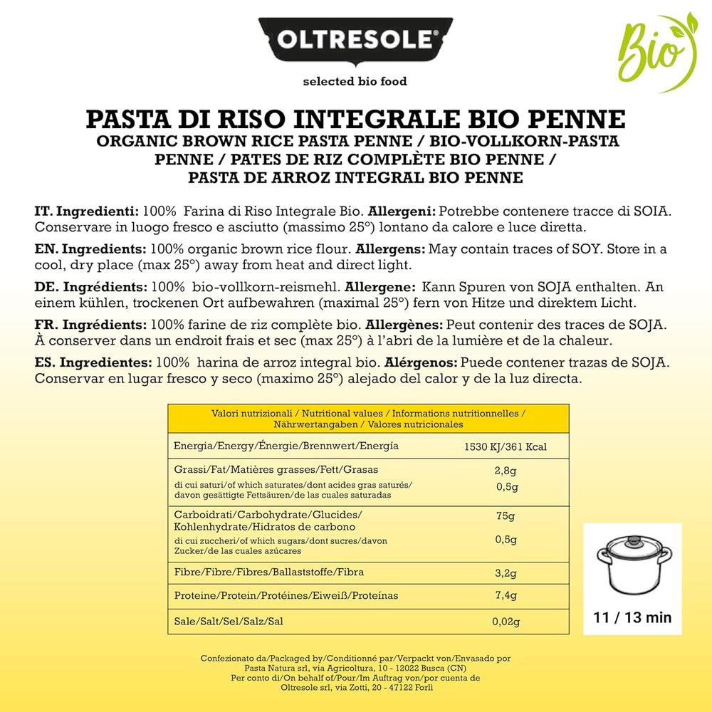- Paste di Riso Integrale Biologica Italiana Gluten Free, Formato Penne - pasta sin gluten, harina de arroz integral 100% ecológica, rica en fibra, vegana, paquete de 3 paquetes de 350 g