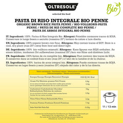 - Paste di Riso Integrale Biologica Italiana Gluten Free, Formato Penne - pasta sin gluten, harina de arroz integral 100% ecológica, rica en fibra, vegana, paquete de 3 paquetes de 350 g