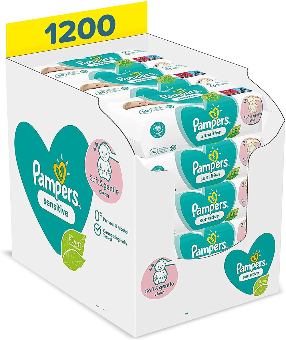 Pampers Sensitive Flip Advanced Mochila Porta Bebé 4 en 1 con Babero y Toallitas, 1200 Toallitas (15 x 80) para la Piel Sensible del Bebé, Dermatológicamente Probado, Essentials para Recién Nacidos