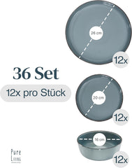 Steingut Geschirrset 12 Personen Rustic 36 tlg. TESTSIEGER, Hochwertiges Landhaussttil Steingut Geschirr Set, Schüssel- und Teller Set, Tafelservice 12 Personen, Geschirrsets Pure Living in Rauchblau