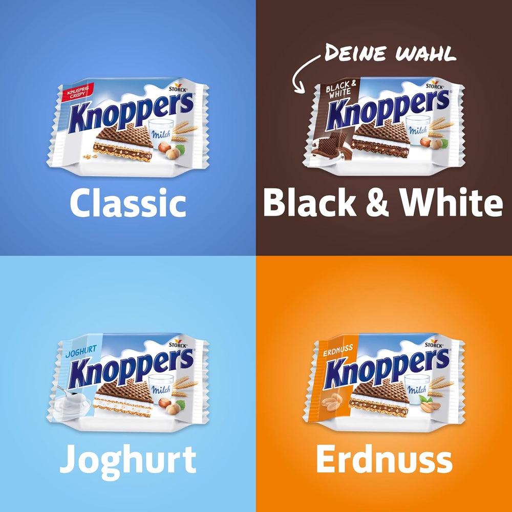 Knoppers blancos y negros – 8 x 25 g – Lonchas de barquillo rellenas de barquillos de cacao oscuro, trozos de galleta negra, leche y crema de turrón