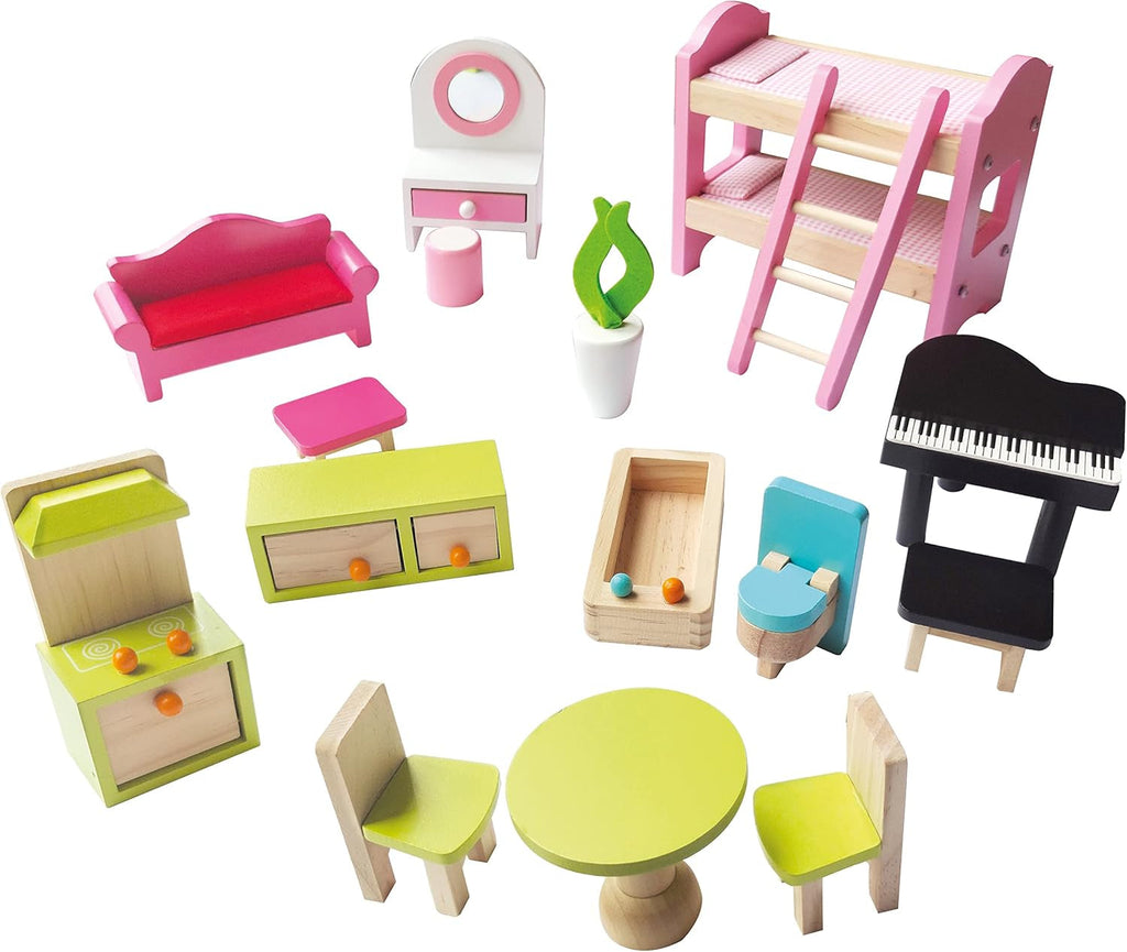 Bino World of Toys Casă de păpuși cu balcon, Jucărie pentru copii mici de la 3 ani, cu 3 etaje, scări, 4 camere și balcon incl. 15-TLG. Accesorii, Pentru a promova abilitățile copiilor, Design roz Casute de papusi Naty Shop