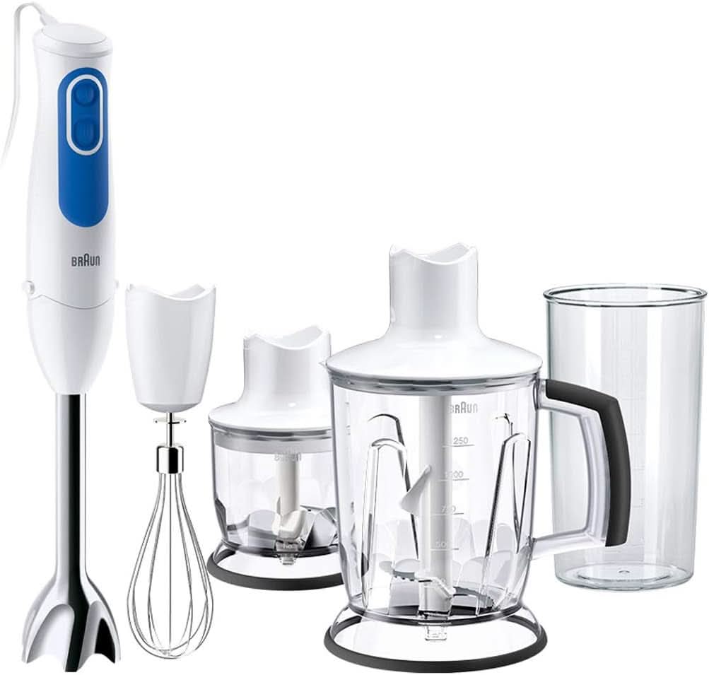 Braun Multiquick 3 MQ 3000 Smoothie+ Stabmixer - Pürierstab Mit 2 Geschwindigkeiten, Powerbell plus Und Splashcontrol-Technologie, 700 Watt, Inkl. 600 Ml Mix- & Messbecher, Blau/Weiß Cocina Naty Shop Mq3045 Aperitivo
