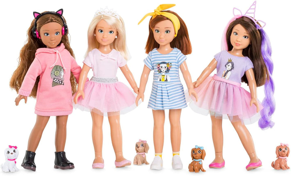 Corolle 9000600030 - Conjunto Luna Einhorn para niña, puppe de tobillo en traje de verano con perro, cinta para el pelo, anillos y gomas extra, puppe de 28 cm con Vanilleduft, de 4 años