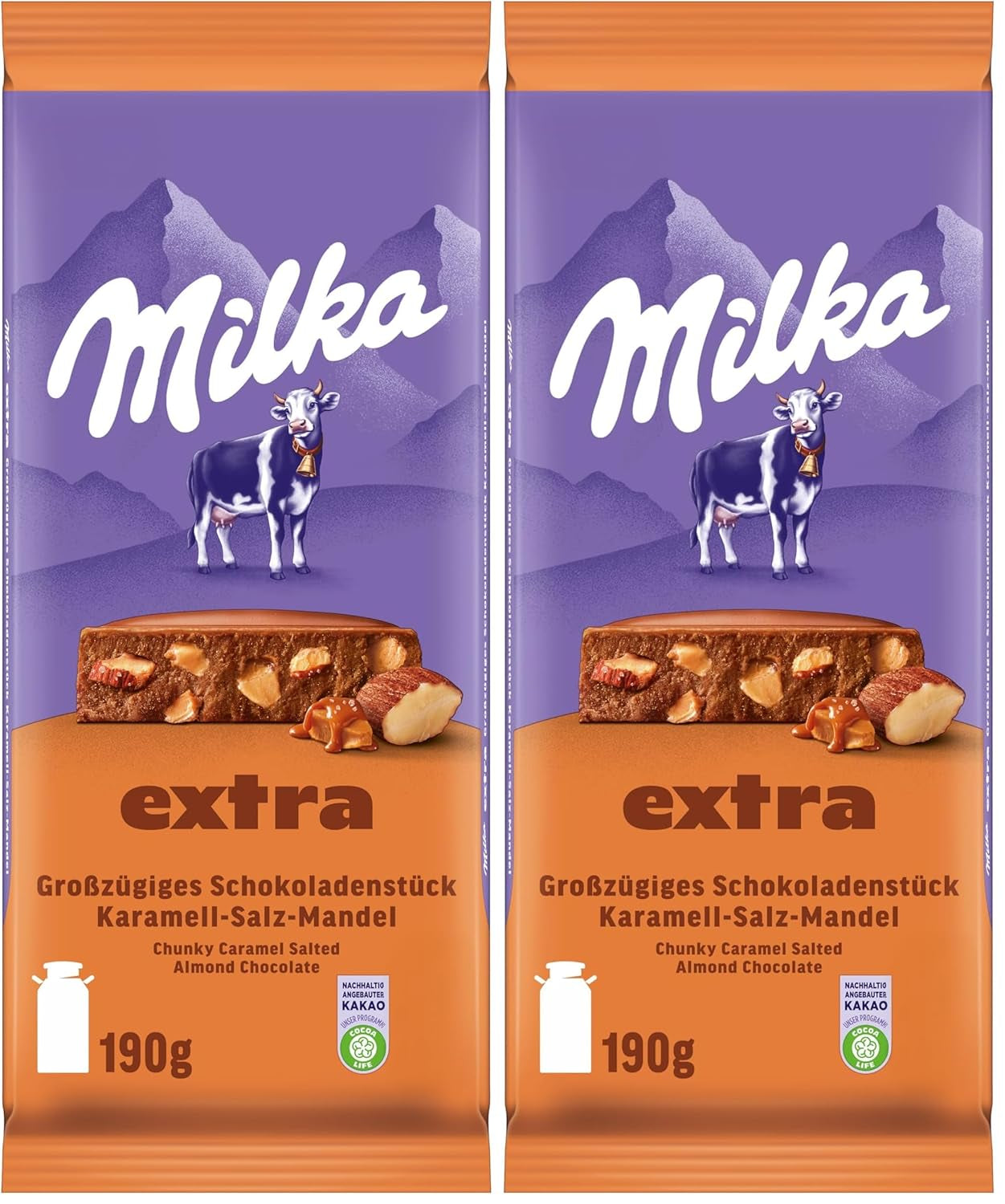 Milka Extra Caramel Salt Almond - Chocolate con leche alpino con trozos de caramelo, almendras y una pizca de sal - 190g