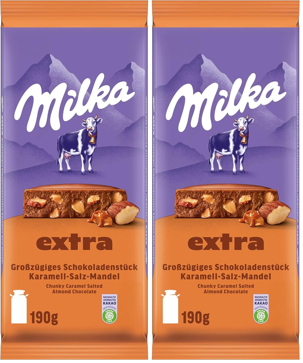 Milka Extra Caramel Salt Almond - Chocolate con leche alpino con trozos de caramelo, almendras y una pizca de sal - 190g