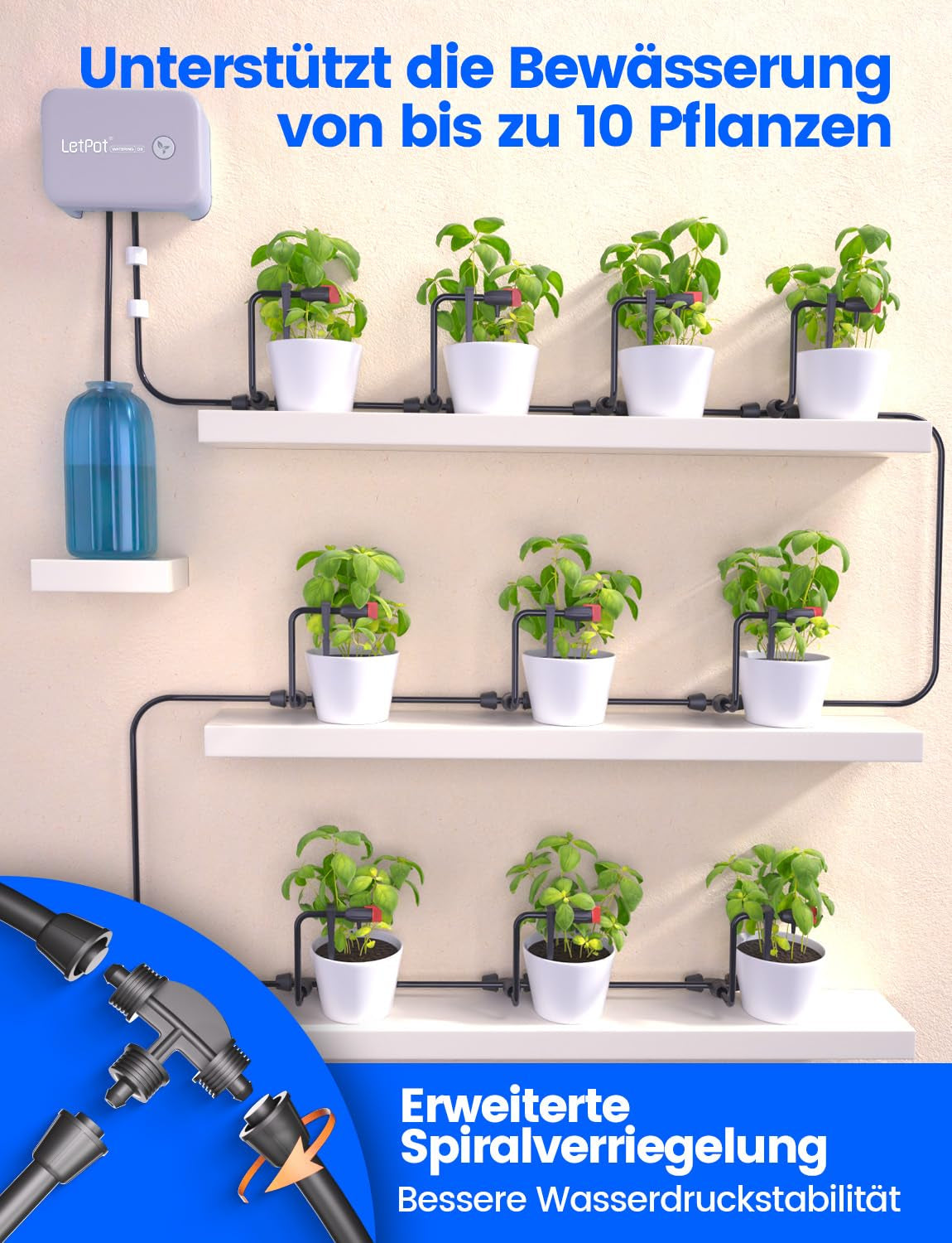 Sistema de riego automático interior WiFi: sistema de riego por goteo inteligente con control de aplicación, computadora de riego para 10 plantas de interior, riego de vacaciones y riego de plantas (gris)