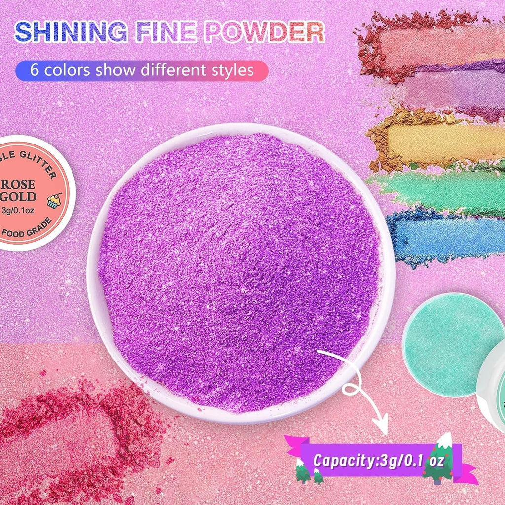 Sclipici comestibil 6 x 3g, Sclipici comestibil pentru băuturi, Sclipici alimentar, Set de 6 culori, Pudră sclipici, Sclipici pentru copt pentru ciocolată, căpșuni, prăjituri, fondant, băuturi, Inodor, Vegan