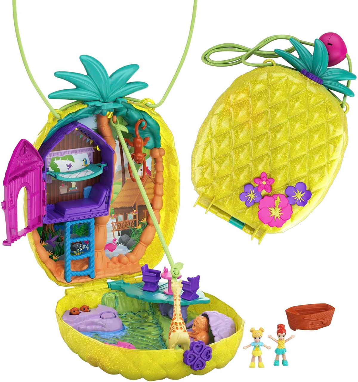 Polly Pocket GKJ64 - Pineapple Pocket Compact, portabil, cu 8 funcții distractive, păpuși Polly și Lila, 2 accesorii și foaie cu stickere; jucărie pentru copii cu vârsta de 4 ani și peste