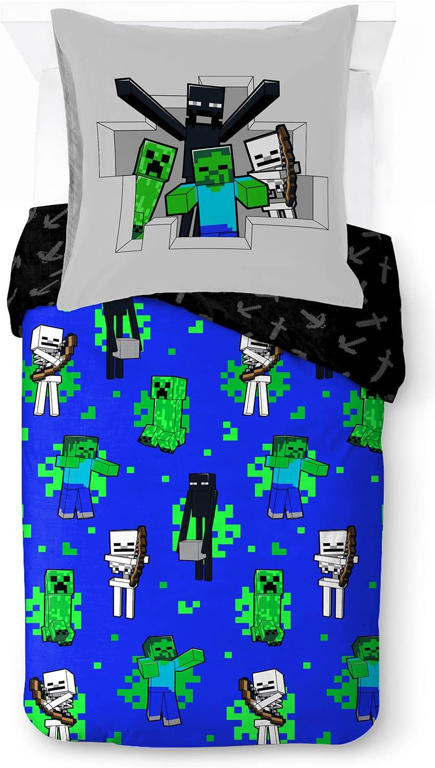 Ropa de cama para niños, Personajes de Disney, 100% algodón Ropa de cama - infantil Naty Shop Azul - Minecraft 135X200/80X80 (2 Piezas)