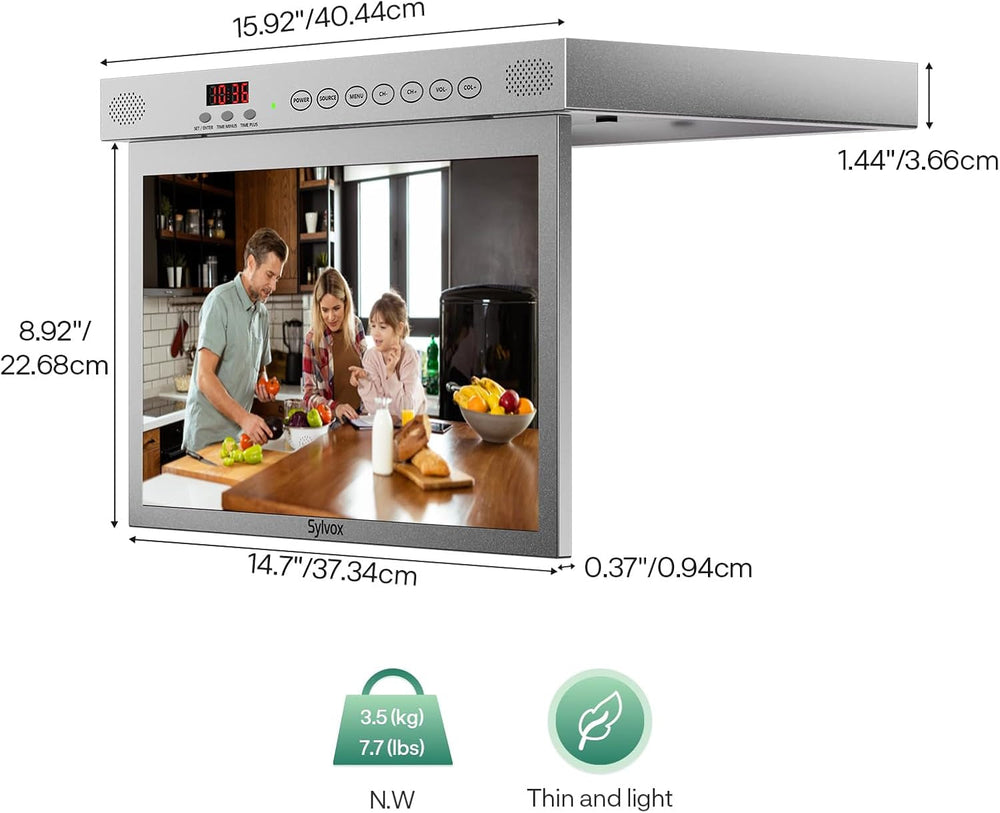 SYLVOX Televizor de bucătărie de 15,6 inci, televizor pliabil pentru bucătărie cu pivotare, suport Google TV WiFi Bluetooth, Smart TV 1080P pentru bucătărie, dormitor, autorulotă, iaht (argintiu)