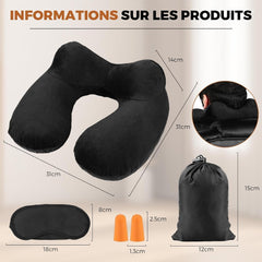 Pernă de călătorie gonflabilă, pernă de călătorie cu mască de somn + dopuri pentru urechi + sac de transport, super ușor și portabil, ideal pentru avion, mașină, casă, birou, negru Perne calatorie Naty Shop
