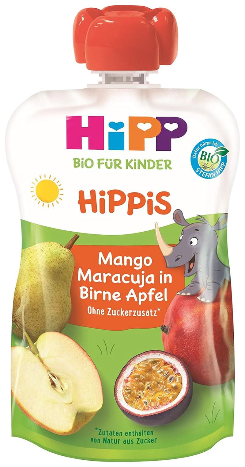 Bolsas exprimibles Hipp Super-Hippis, granada acerola en manzana-frambuesa, fruta 100% orgánica sin azúcares añadidos, 6 bolsas de 100 g Madre e Hijo Naty Shop 6 x 100 gramos Mango, maracuyá, pera, manzana