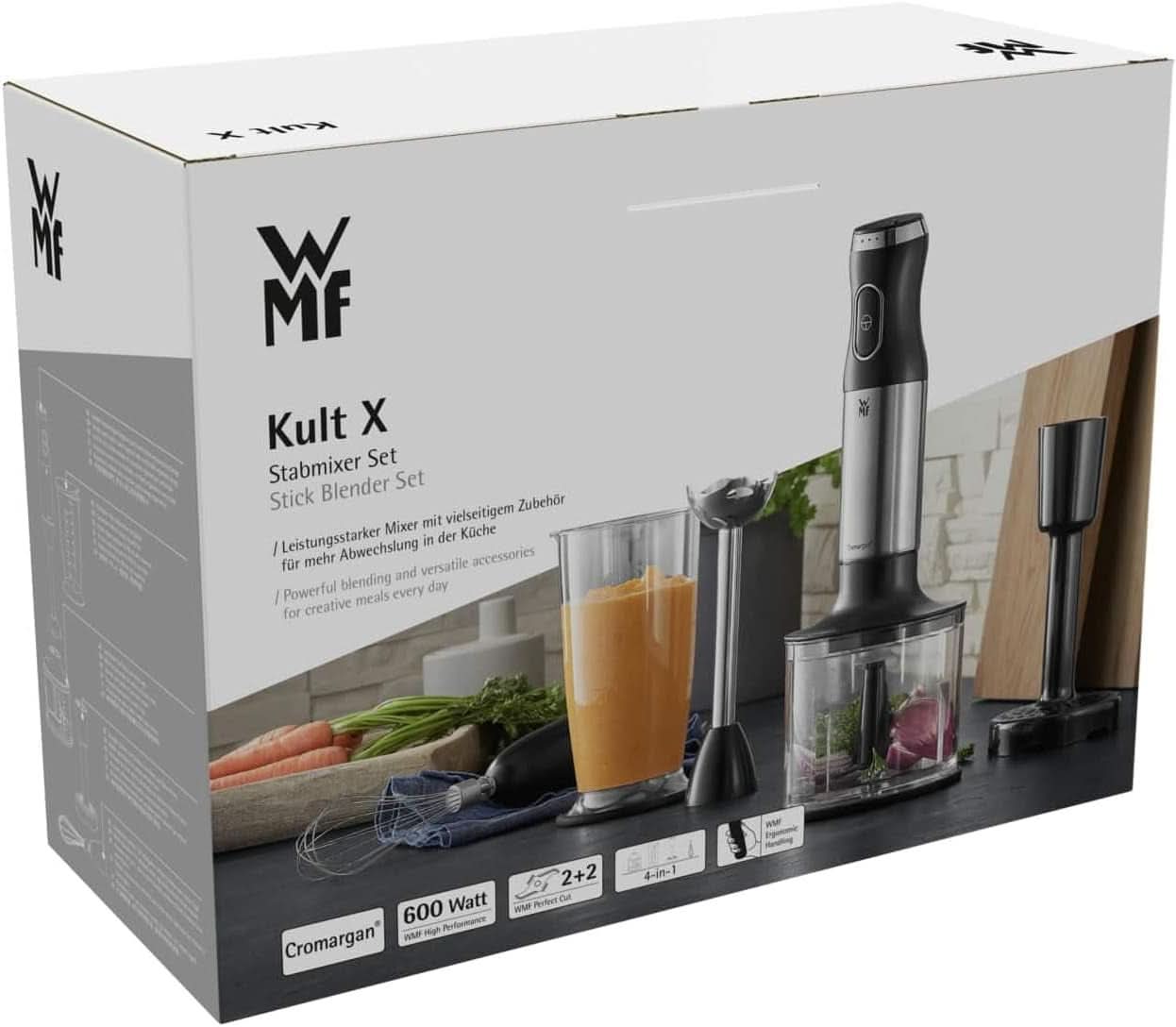 WMF Kult X Stabmixer Set 5-Teilig, Pürierstab, Schneebesen, Stampfer, Zerkleinerer, 600 Watt, Zauberstab Inkl. 700Ml Mixbehälter, Edelstahl Matt Madre e Hijo Naty Shop