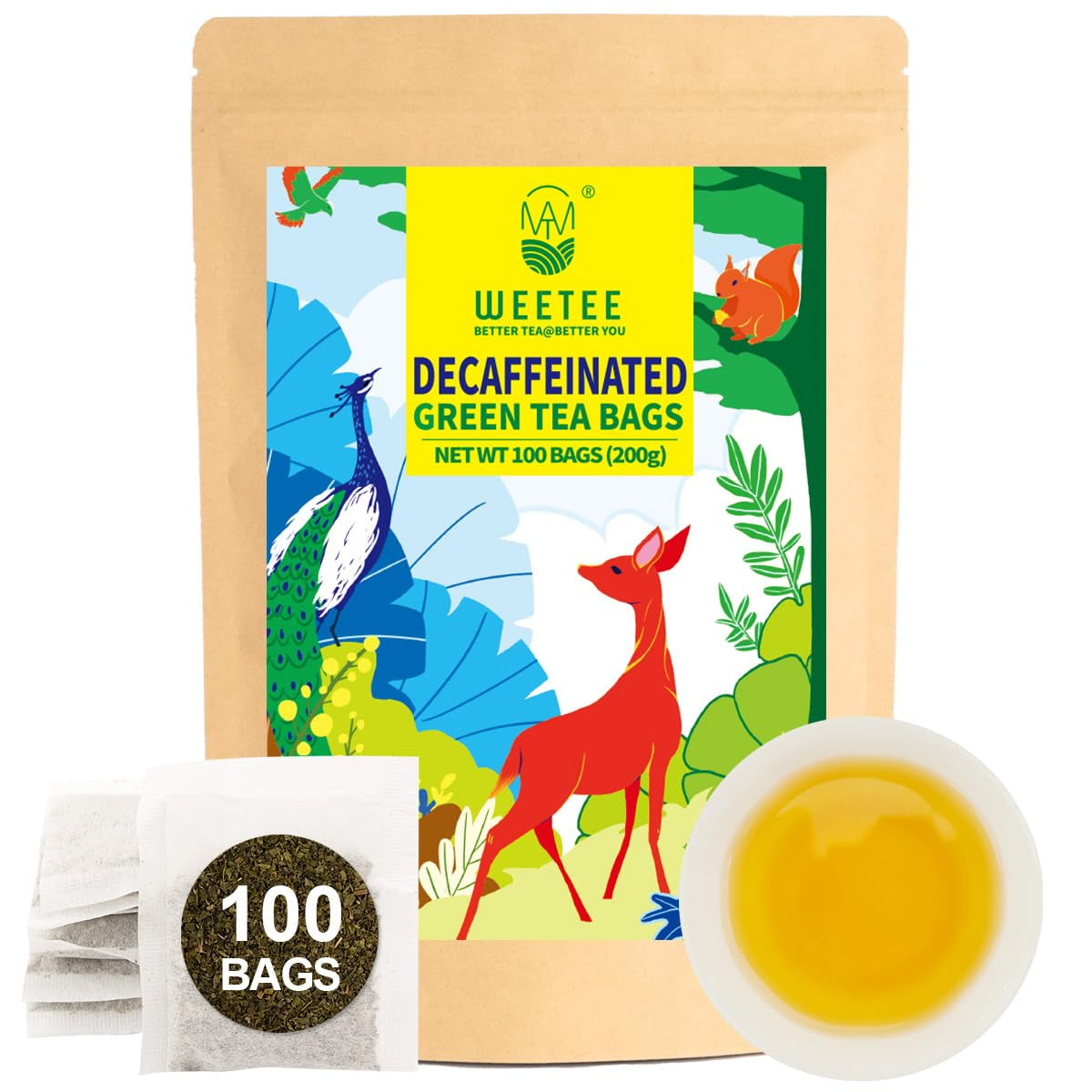 WEETEE Pliculețe de ceai verde, 100 bucăți Pliculețe de ceai verde, ceai verde pur, super antioxidant | Pliculețe resigilabile | Preparare fierbinte sau rece