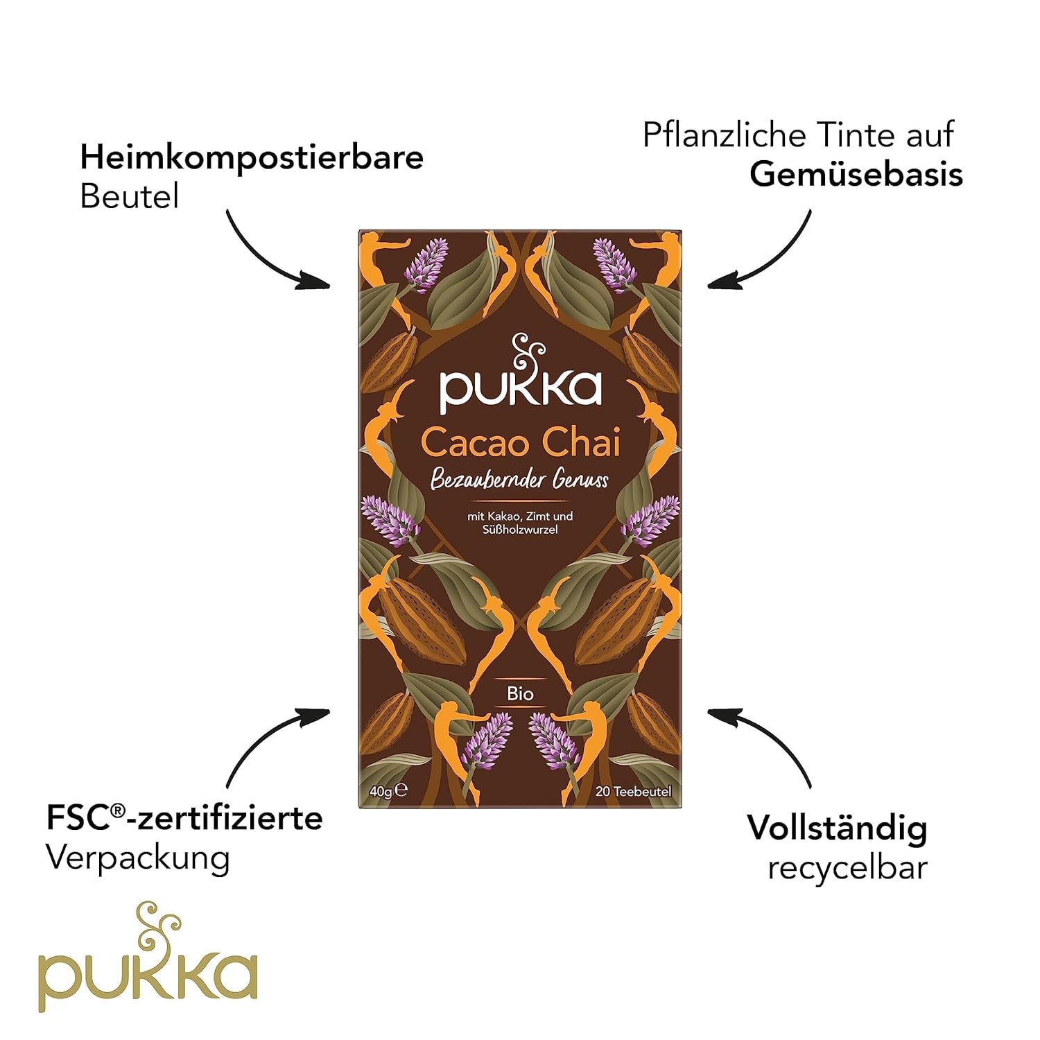 Set de ceai Pukka, ceai cu condimente bio „Cacao Chai”, cacao, scorțișoară, cardamom, rădăcină de cicoare, pentru momente de relaxare, pachet de 4, 80 pliculețe de ceai