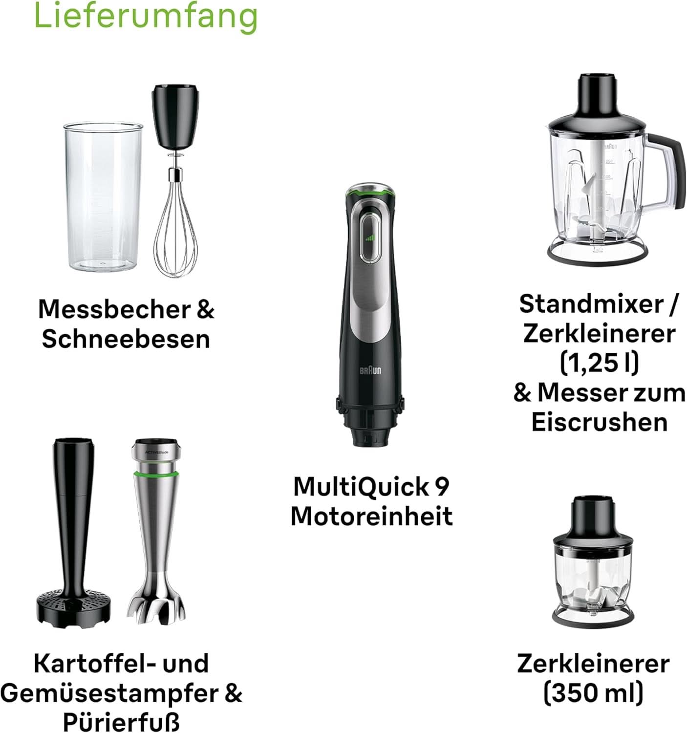 Braun Multiquick 9 MQ 9147X - Batidora 5 en 1 con batidora de pie, aufsatz, zerkleinerer, kartoffel- & gemüsestampfer & schneebesen, Stufenlose Geschwindigkeitsenstellung, 1200 W, Schwarz/Edelstahl Cocina Naty Shop