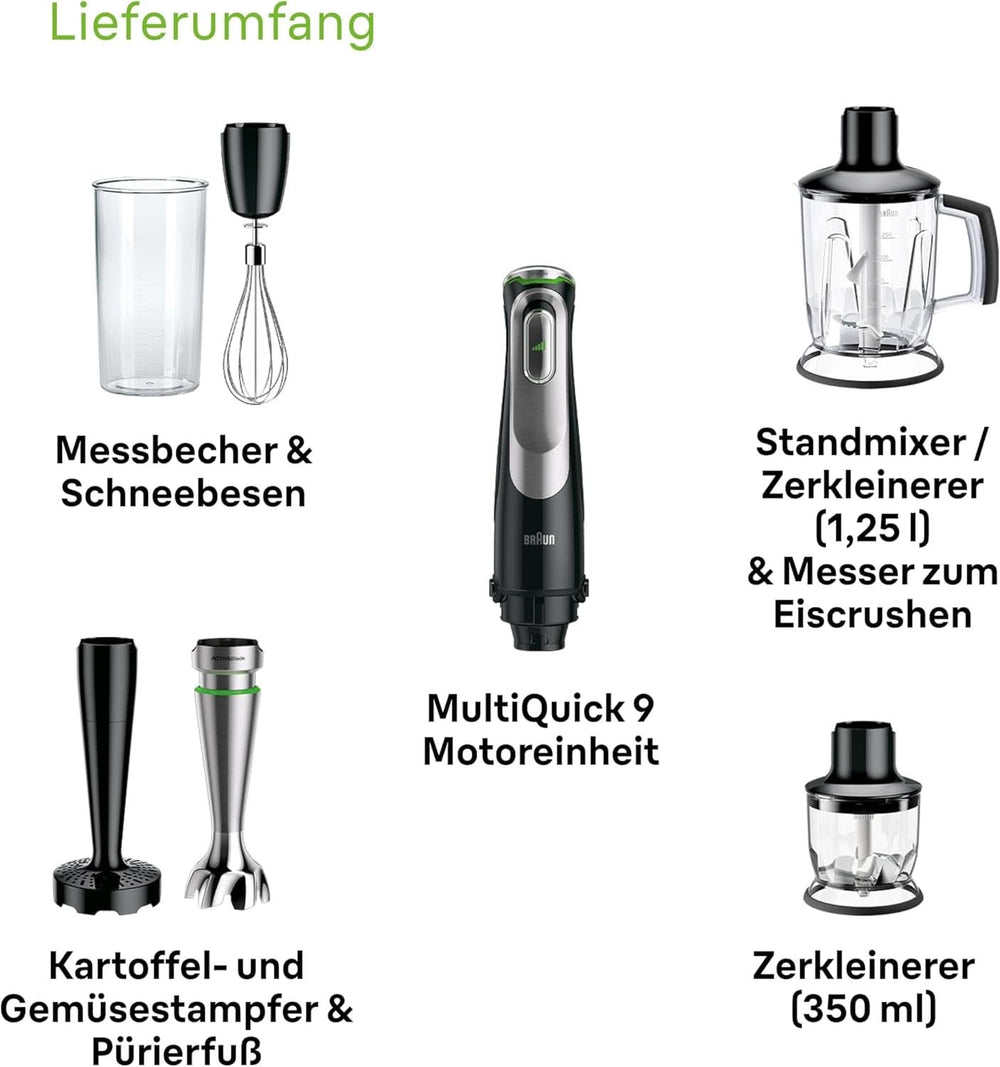 Braun Multiquick 9 MQ 9147X - Batidora 5 en 1 con batidora de pie, aufsatz, zerkleinerer, kartoffel- & gemüsestampfer & schneebesen, Stufenlose Geschwindigkeitsenstellung, 1200 W, Schwarz/Edelstahl Cocina Naty Shop