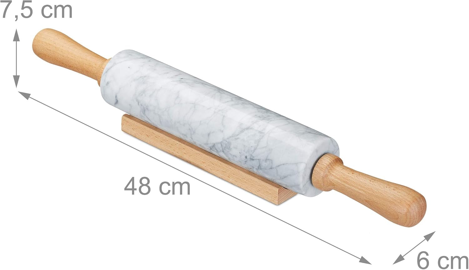 Relaxdays Nudelholz Marmor, Griffe aus Holz, Teigroller zum Kochen & Backen, mit Ablage, 48 cm, schwere Backrolle, blanco