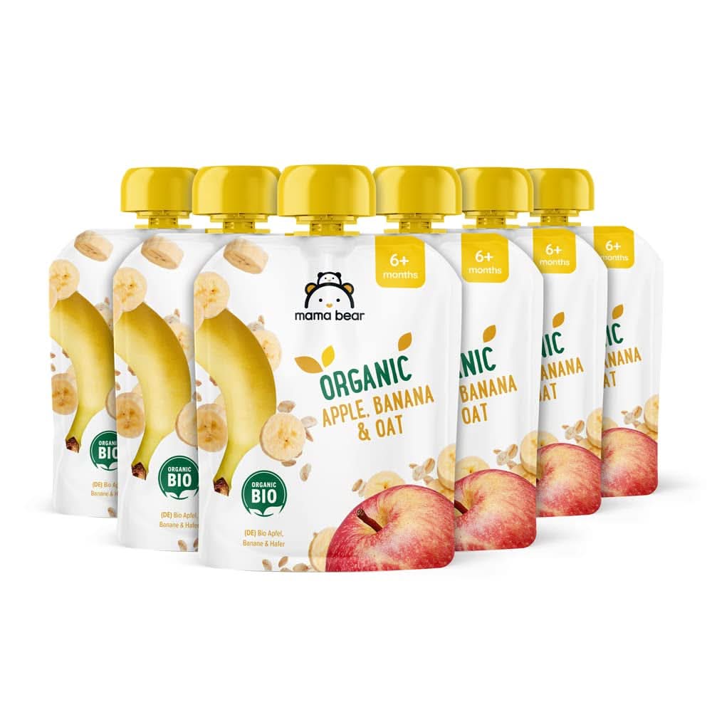 Mamá Osita, puré orgánico de diferentes frutas, set 6 x 90 gramos Madre e Hijo Naty Shop 6 x 90 gramos Manzanas, plátanos y avena